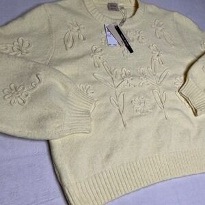 New Elie Tahari Womens Pale Yellow Floral Embroidered Crew Neck Sweater XLG